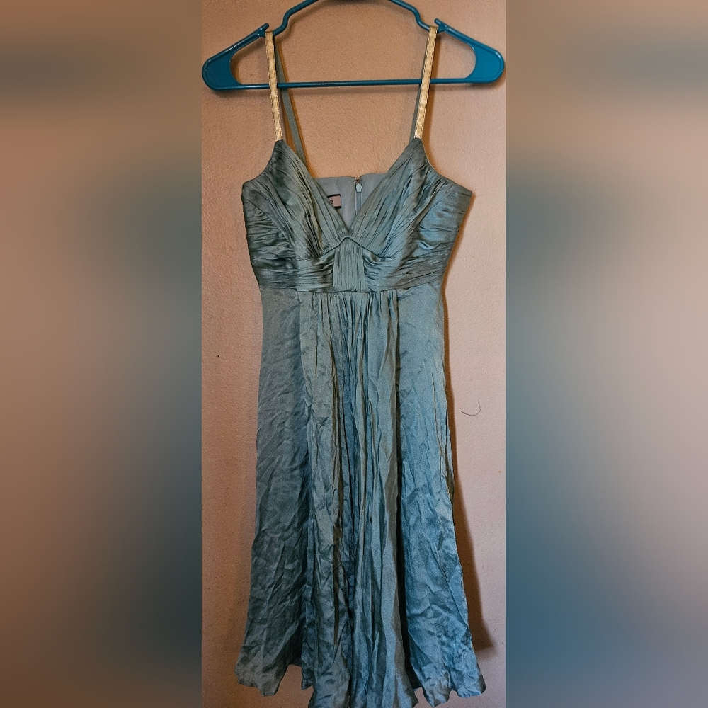 Anne Klein Ruched Wrap Front, 100% Silk, Aqua, Metallic Spaghetti Strap Dress
